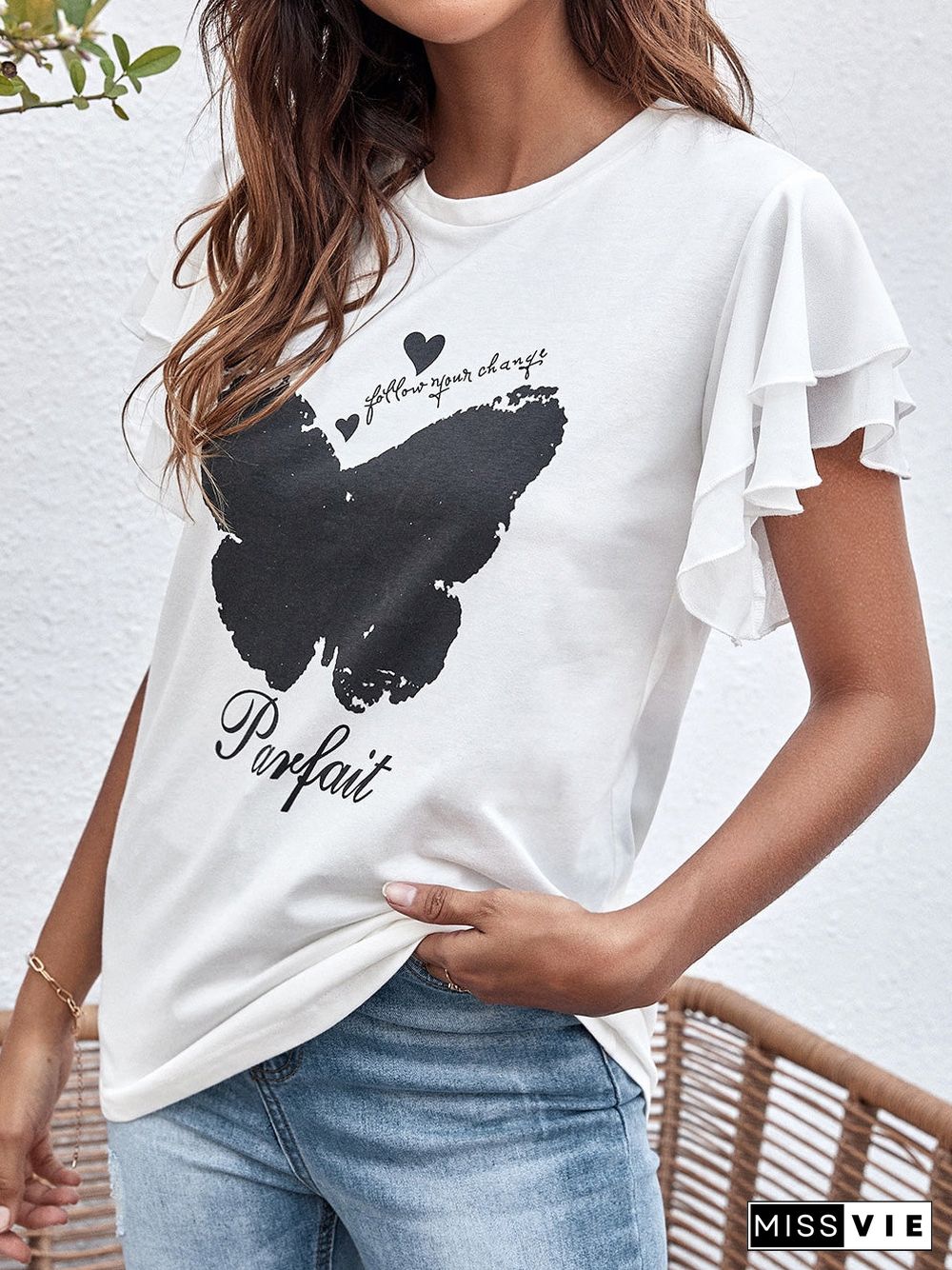 Women'S T-Shirts Butterfly Print Crew Neck Ruffle T-Shirt