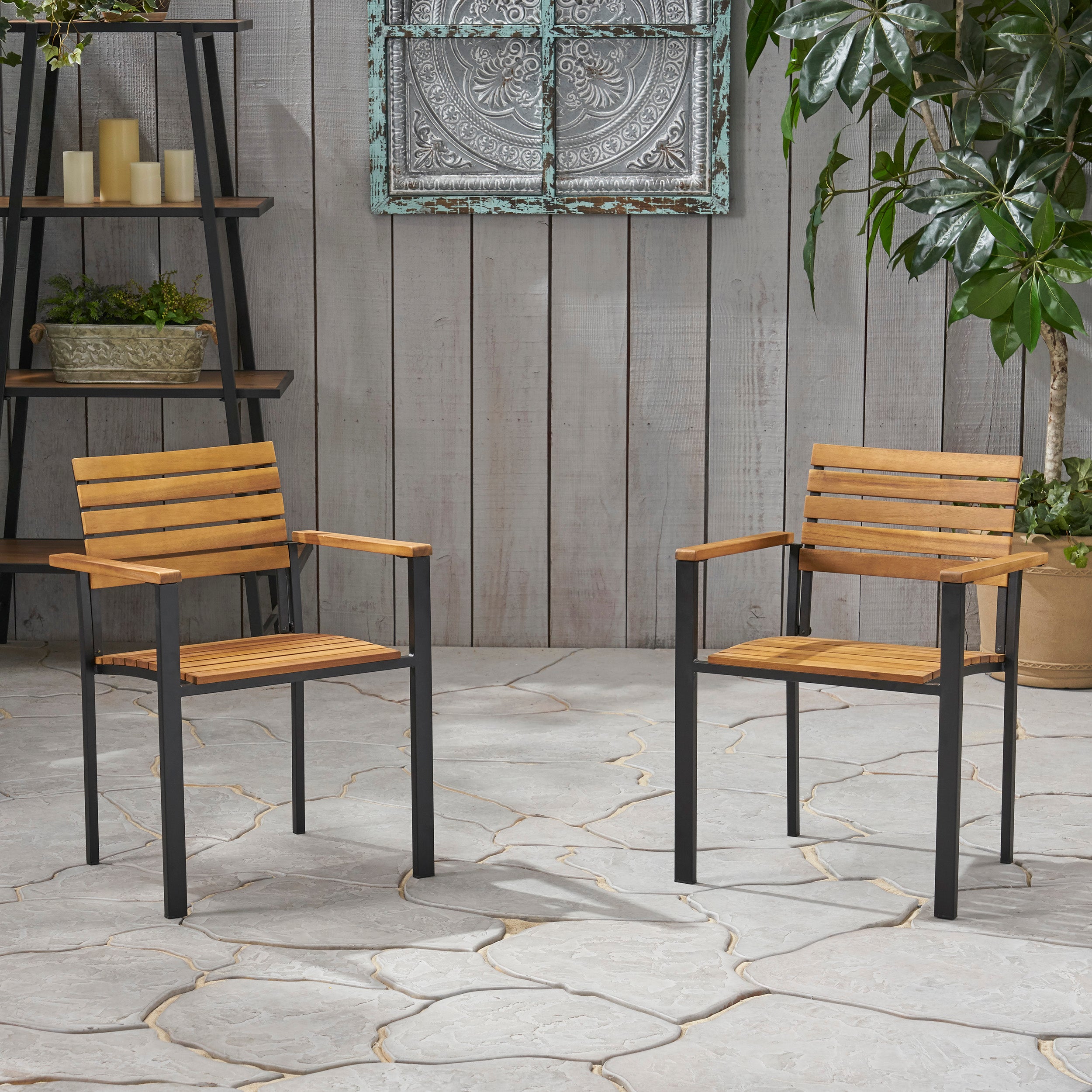 Alberta Outdoor Wood and Iron Dining Chairs (Set of 2)