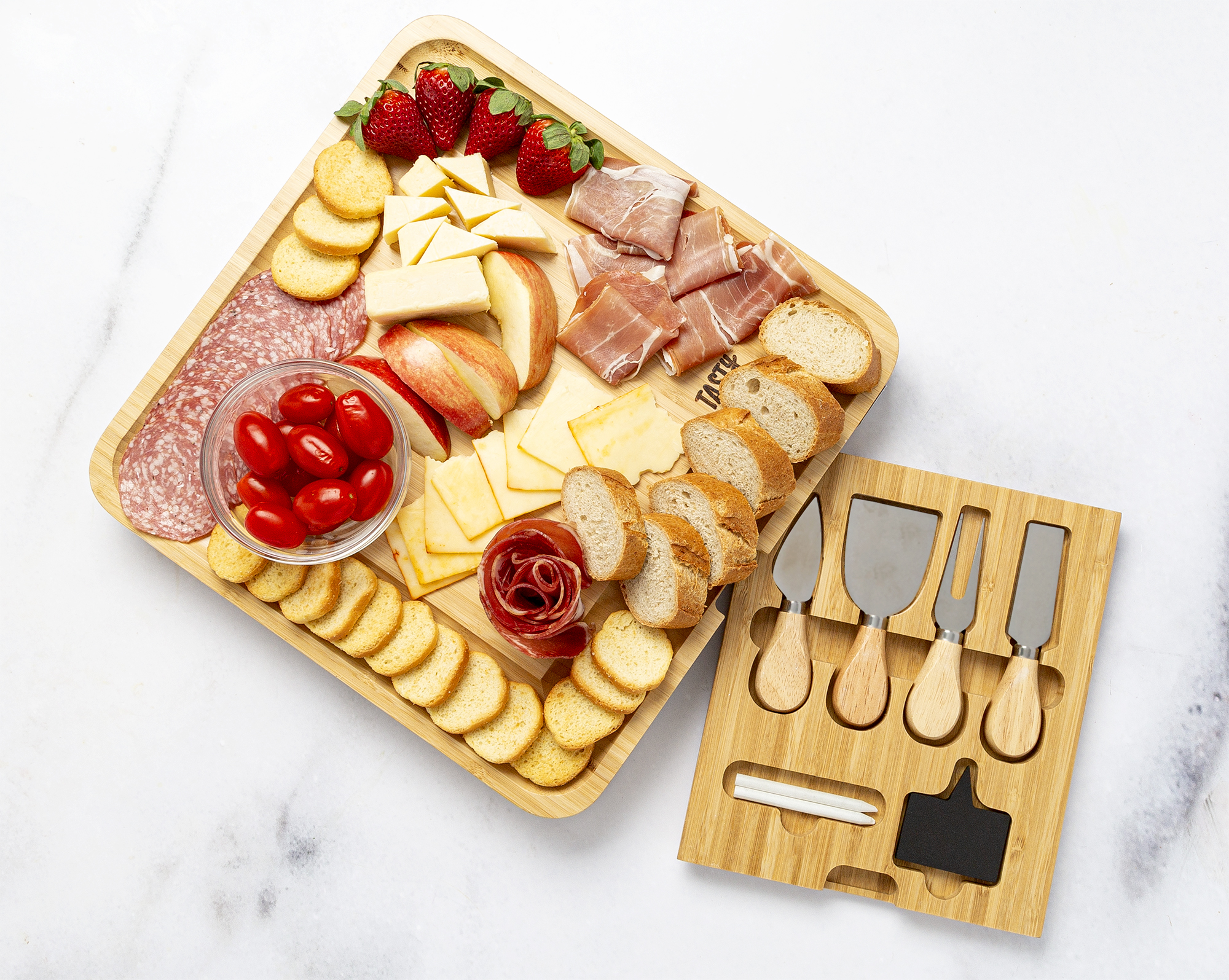 Tasty Natural Bamboo Cheese Board and Charcuterie Tray with Hidden Drawer， Utensils， Markers， and Chalk， 13