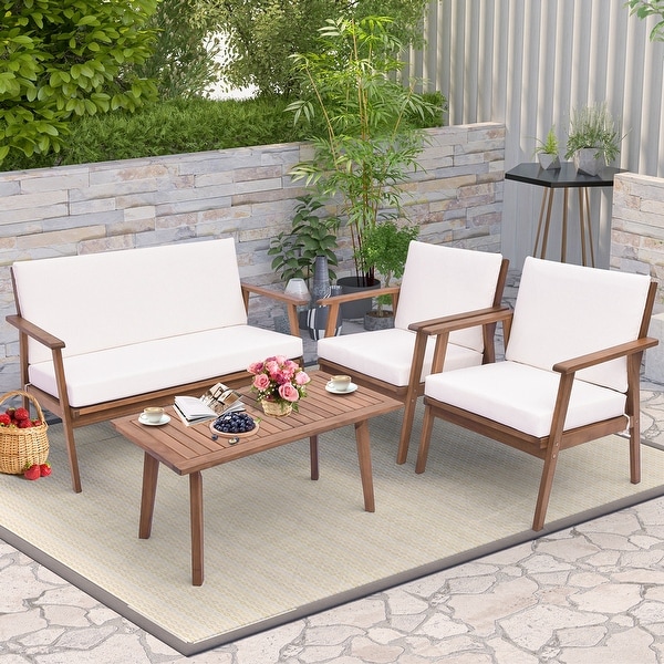 4 PCS Patio Conversation Set Acacia Wood Sofa Coffee Table w/ Cushions