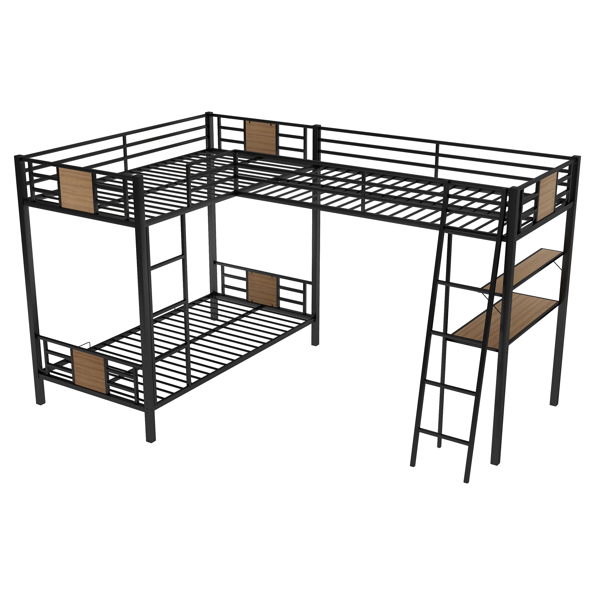 EUROCO L-Shaped Twin over Twin Bunk Bed with Desk and Shelf for Kids Bedroom, Brown