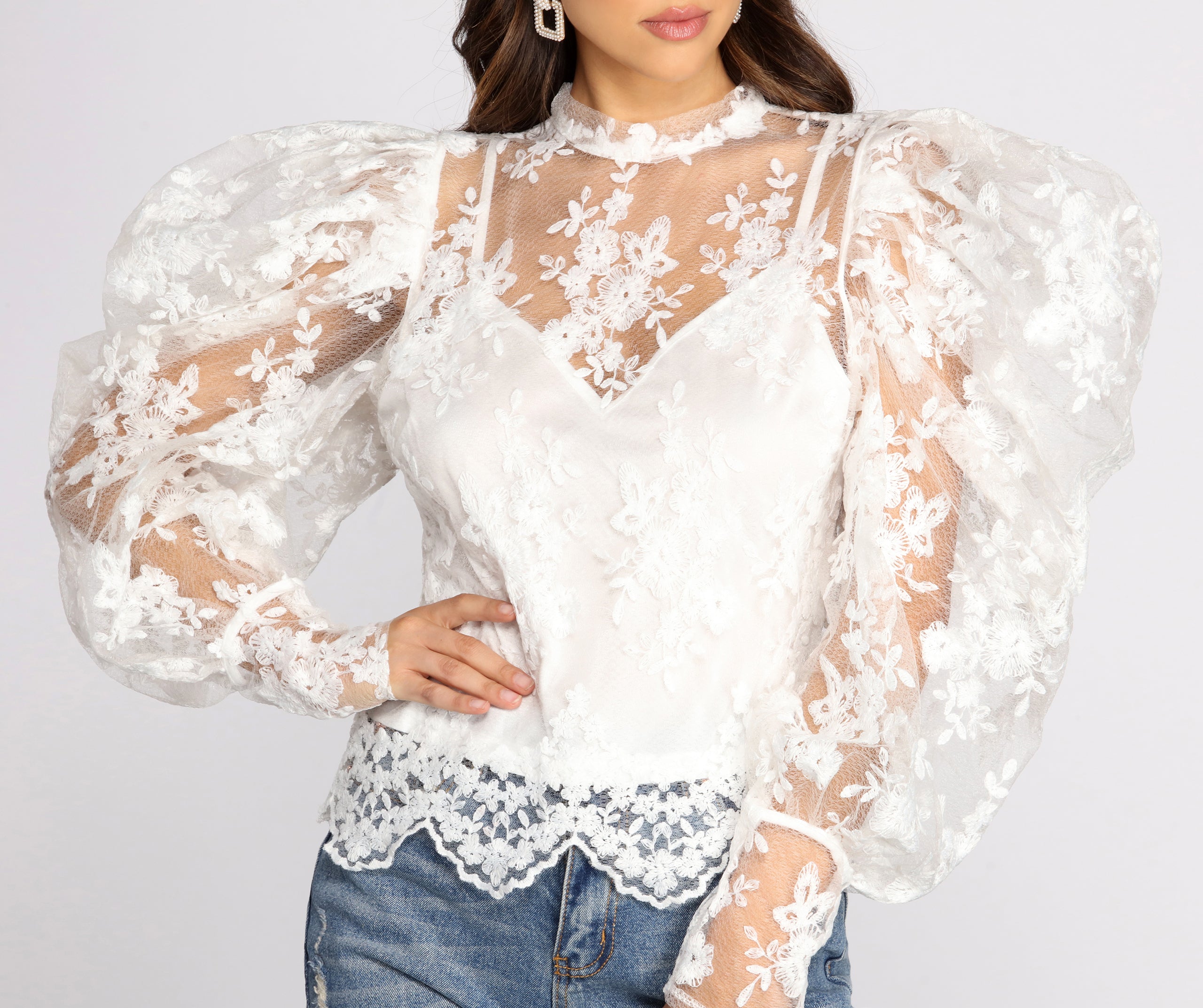 Power Shoulders Puff Embroidered Top