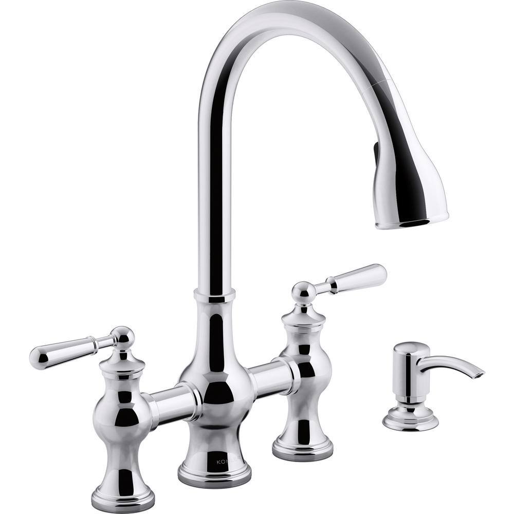 KOHLER Capilano 2-Handle Bridge Farmhouse Pull-Down Kitchen Faucet with Soap Dispenser and Sweep Spray in Polished Chrome K-R21070-SD-CP