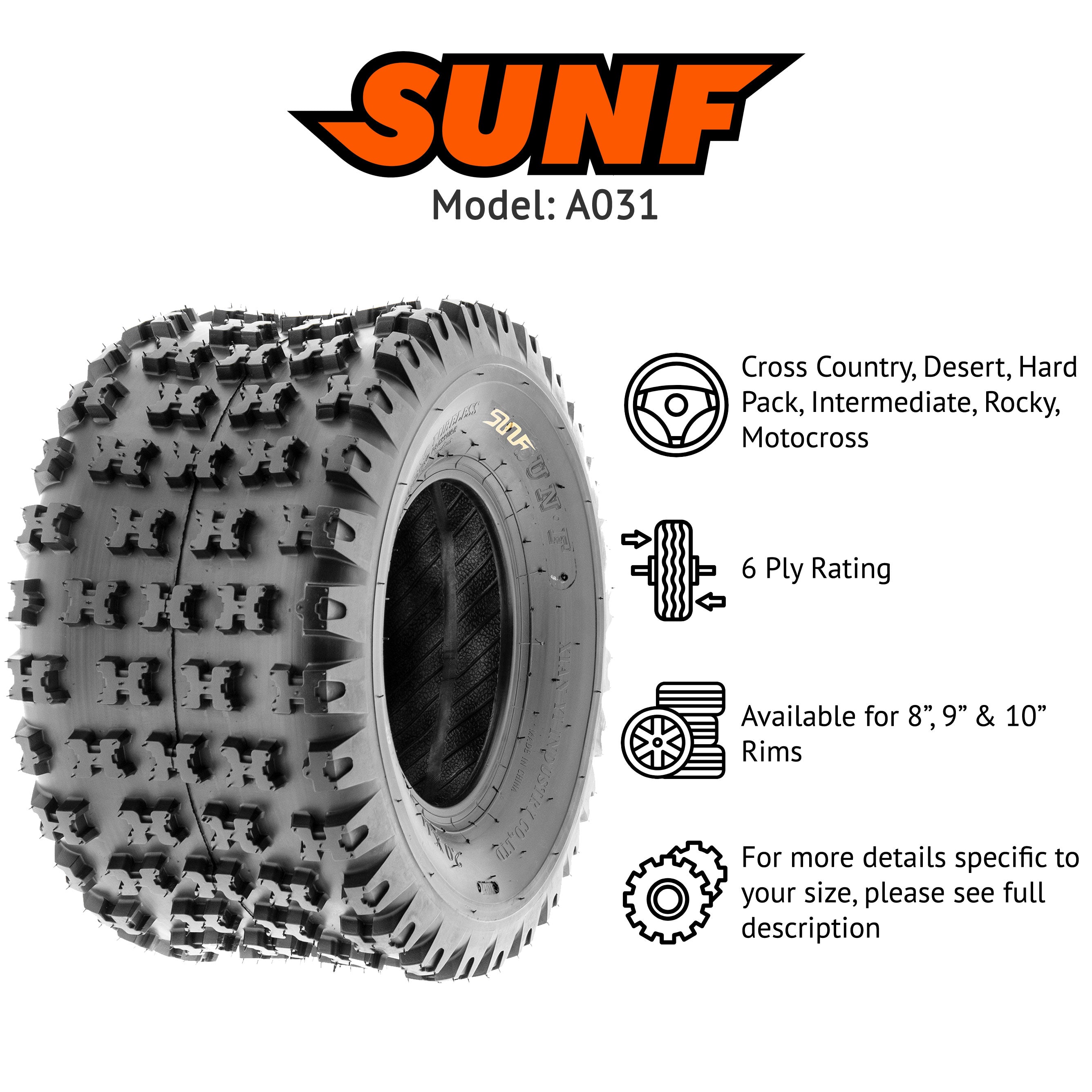 SunF ATV Tires Off-Road A031 20x11-9 20x11x9 6 PR (Pair of 2)