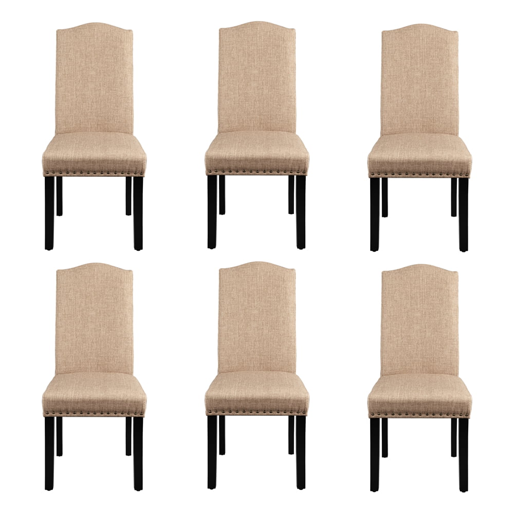 Smile Mart 6pcs Fabric Upholstered Parson Dining Chairs with Solid Wood Legs， Khaki