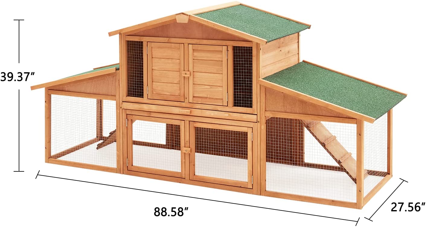 Yoleny Rabbit Hutch Wooden Two Story Bunny Cage Indoor Rabbit Cage Outdoor， Guinea Pig House Hamster Hideout， Galvanized Mesh Wires， Weatherproof Asphalt Roof