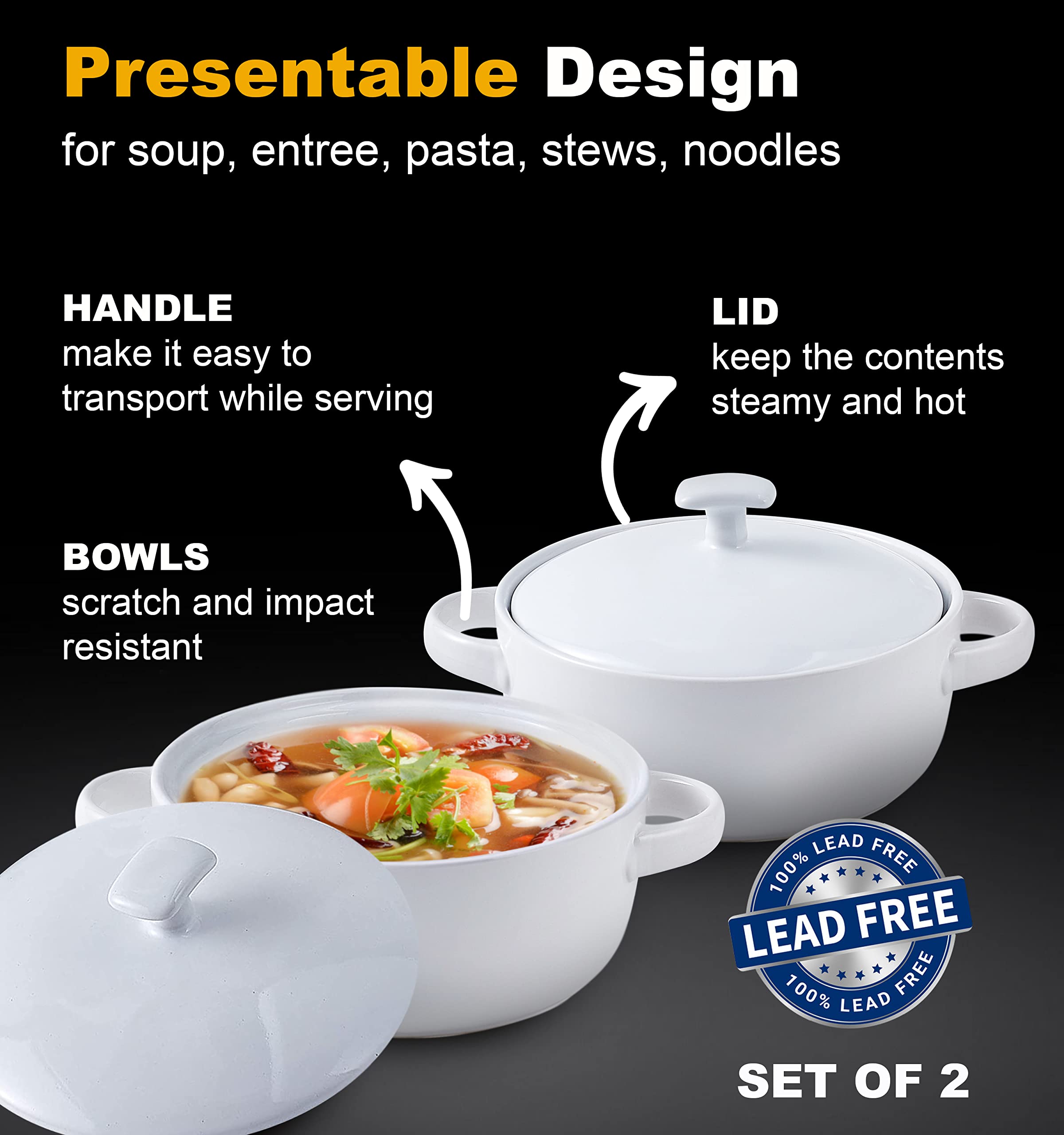 Bruntmor Bake and Serve Oven Safe Ceramic Soup Bowls With Handles and lids - 20oz Set of 2， For Soups， Stews and Cereal， White