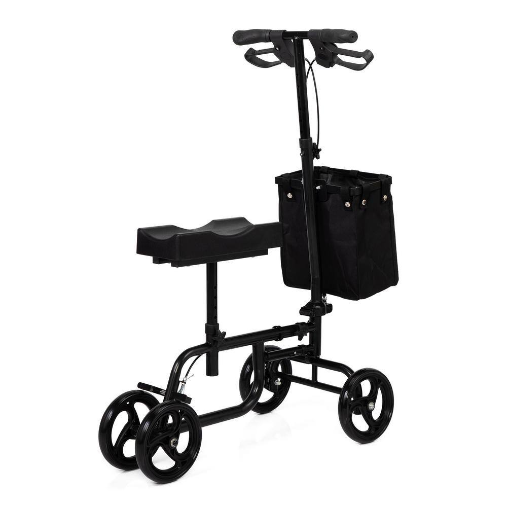 Tidoin 3-Wheel Black Folding Knee Scooter Steerable Leg Walker Rollator with Bag and Dual Braking System MIX-YDMR-214