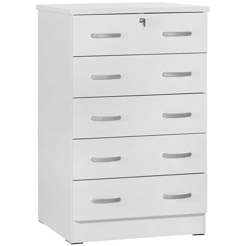 Pemberly Row Contemporary 5 Drawer Chest Wooden Dresser with Lock in White