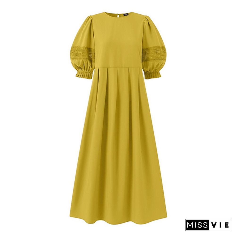 Women's Fashion Summer Half Sleeve Pleated Party Dress Casual Holiday Plain Long Dresses Vestidos S-5XL 6#