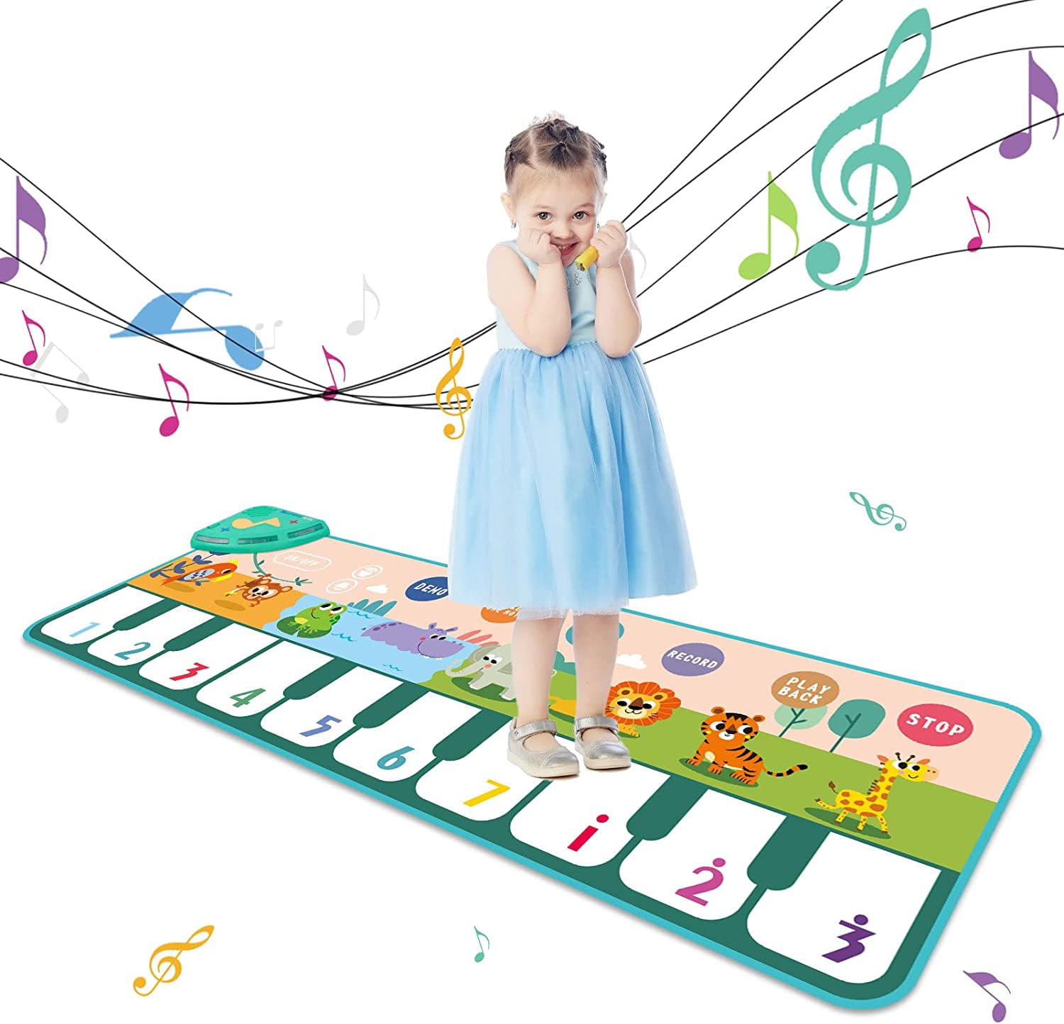 LAYADO Piano Mat for Kids， Floor 17 Keyboards Music Dance Playmat Musical Play Mat Portable Early Learning Educational Toys Gifts for Toddler Aged 0.1.2.3.4.5.6 Year Old Boys and Girls Gift