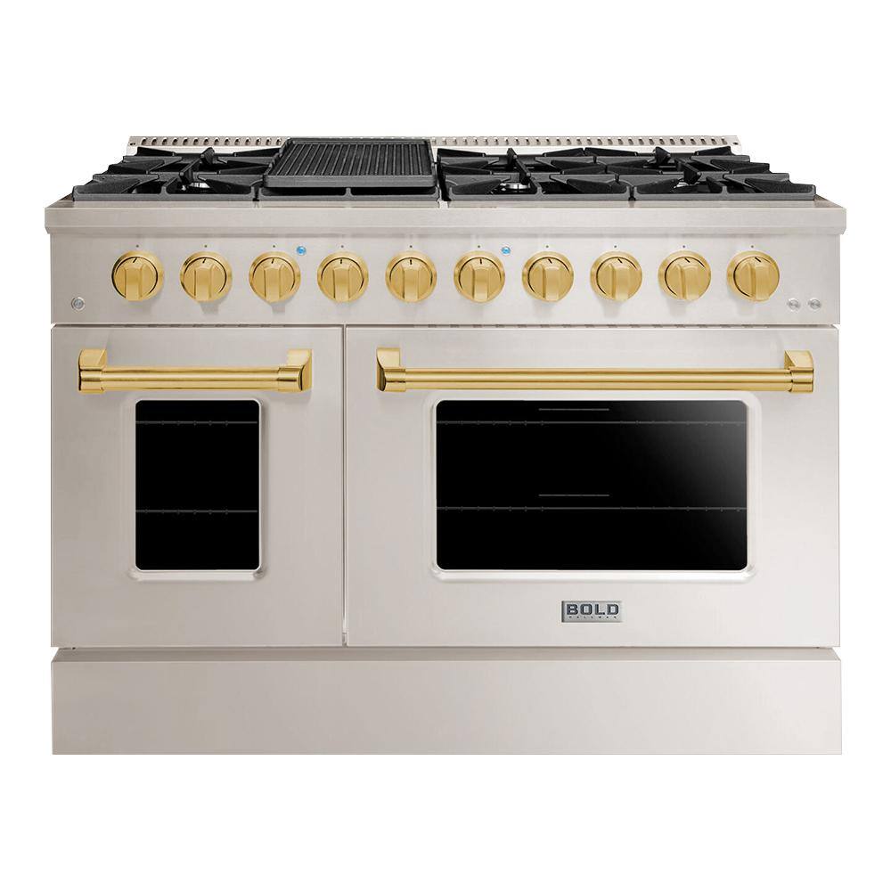 Hallman BOLD 48 in. TTL 6.7 Cu. ft. 8 Burner Freestanding All Gas Range LP Gas Stove and Gas Oven Stainless steel Brass Trim HBRG48BSSS-LP