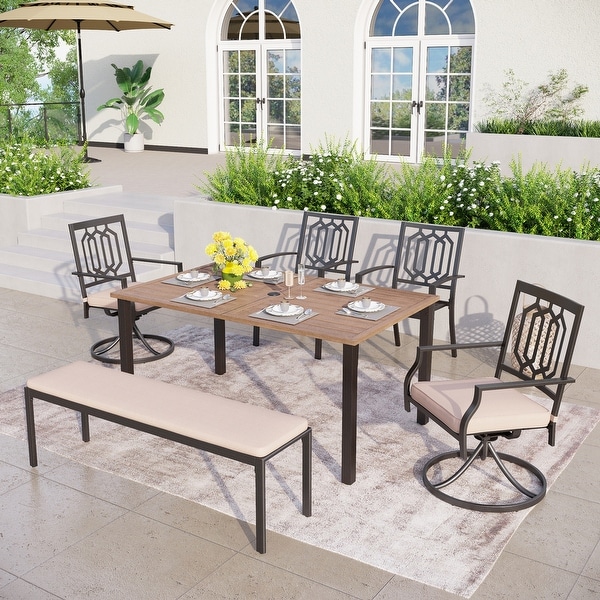 MAISON ARTS Patio Dining Set 6 Pieces with 1 Rectangle Teak Color Table，2 Swivel Chairs，2 Stackable Chairs and 1 Bench