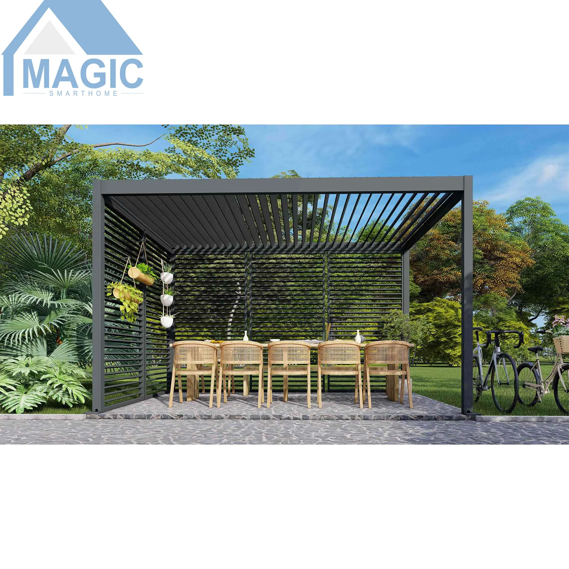 Chinese factory directly supply Modern Aluminum Garden Louvered Pergola Aluminium Gazebo Pergola Roof with Sliding Glass Doors