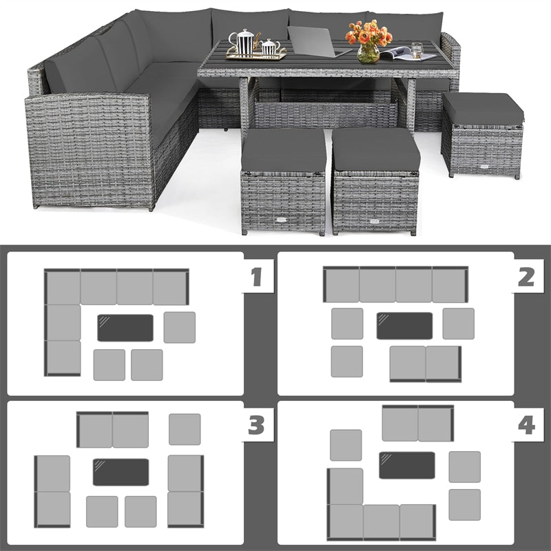 7 Pcs Rattan Patio Dining Furniture Sectional Sofa Set with Dining Table, Ottomans & Cushions