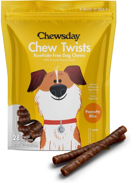 Chewsday Peanuty Bliss Chew Twists Rawhide-Free Dog Hard Chews， 28 count