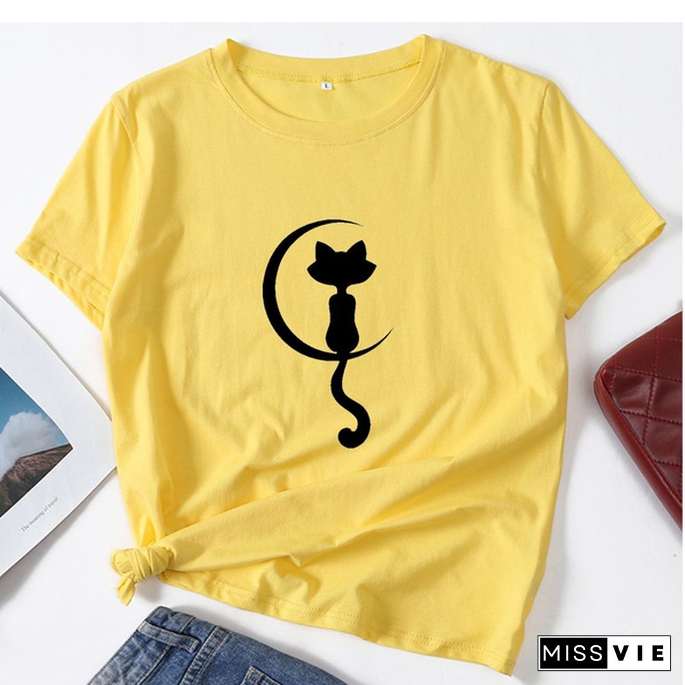 Women Fashion Cat Print T-shirt Summer Casual Short Sleeve Tee Shirt Ladies Round Neck Loose T-shirt