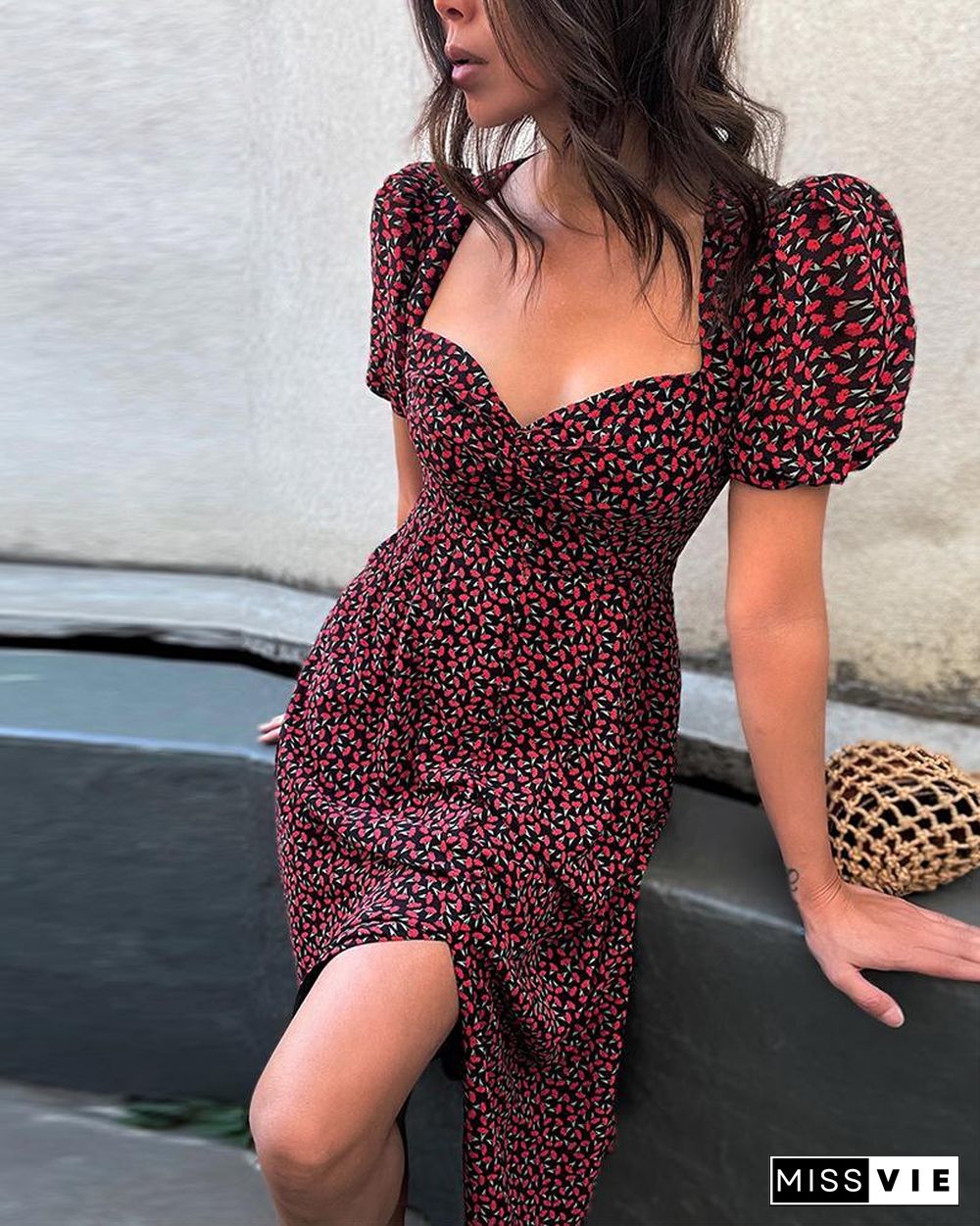 Floral Print Puff Sleeve Slit Midi Dress P11898