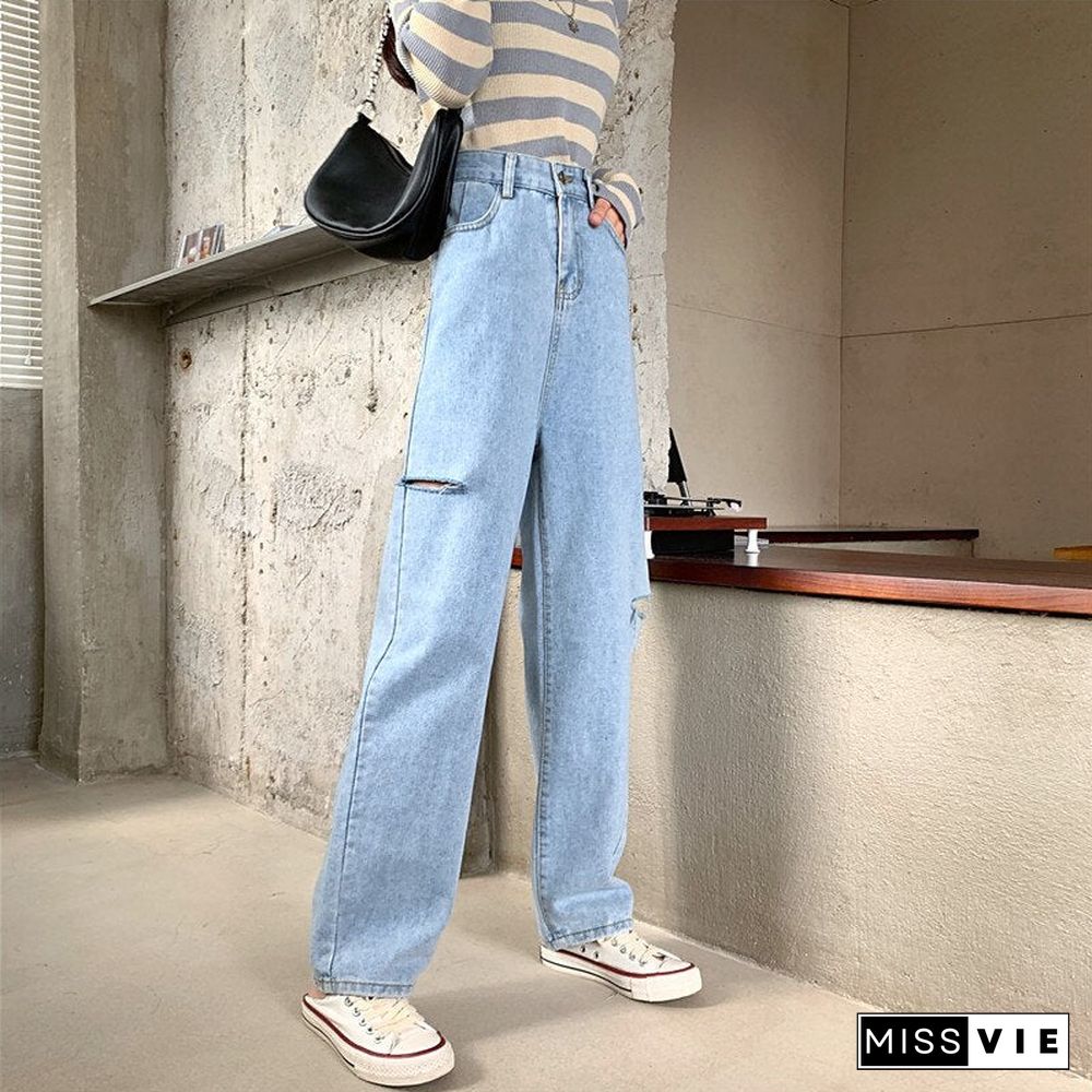 Woman Jeans Ripped High Waist Clothes Wide Leg Denim Clothing Streetwear Vintage Quality Fashion Harajuku Straight Pants