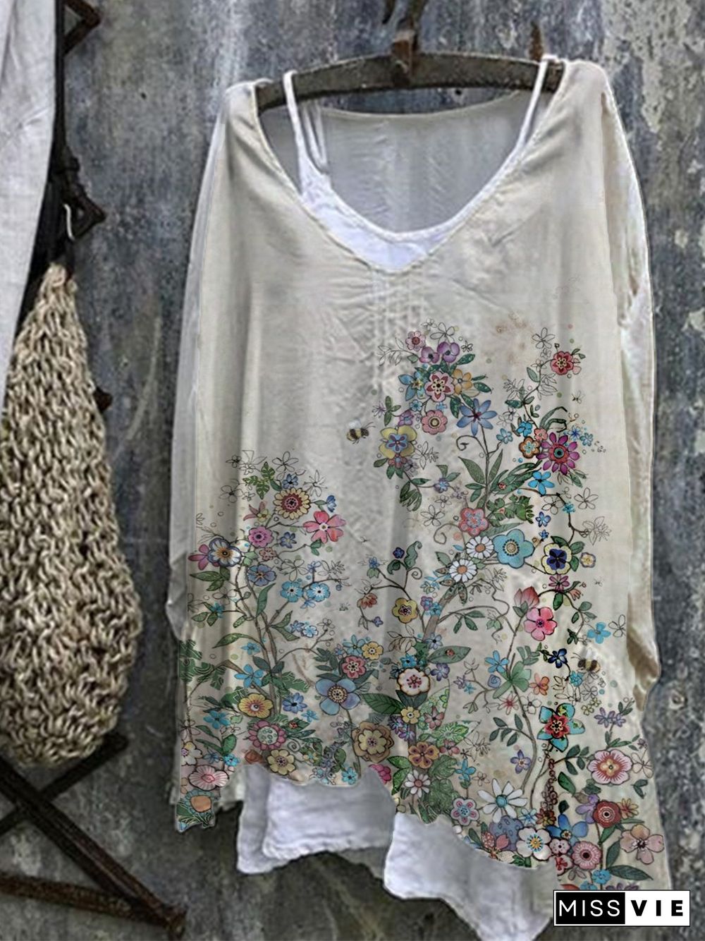 A-Line Floral 3/4 Sleeve Casual Tops