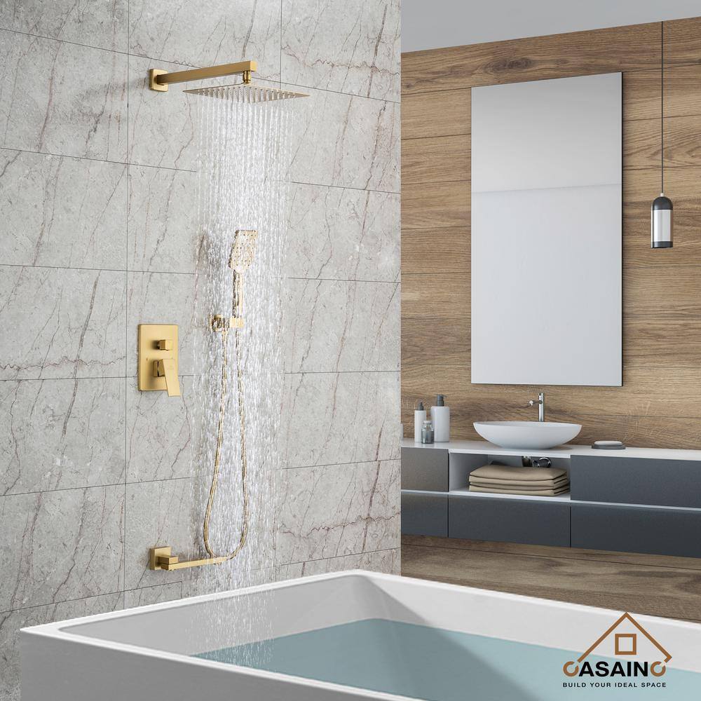 CASAINC 1-Handle 3-Spray Pattern 10 in Wall Mount Shower Head Tub and Shower Faucet Brushed Gold (Valve Included) DB-98103LSJ-10