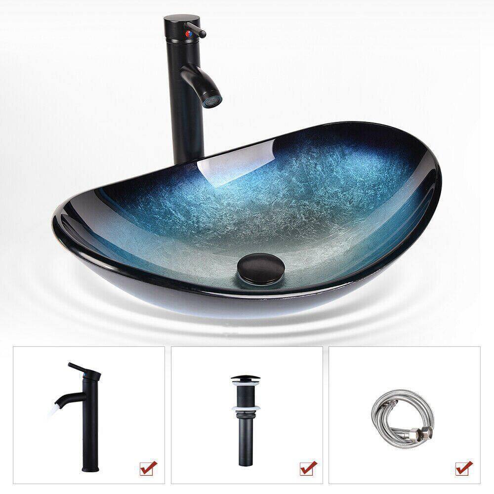 Puluomis Boat Shape Blue Glass Vessel Sink with Faucet in Black included Pop-up Drain USGB0005-BL