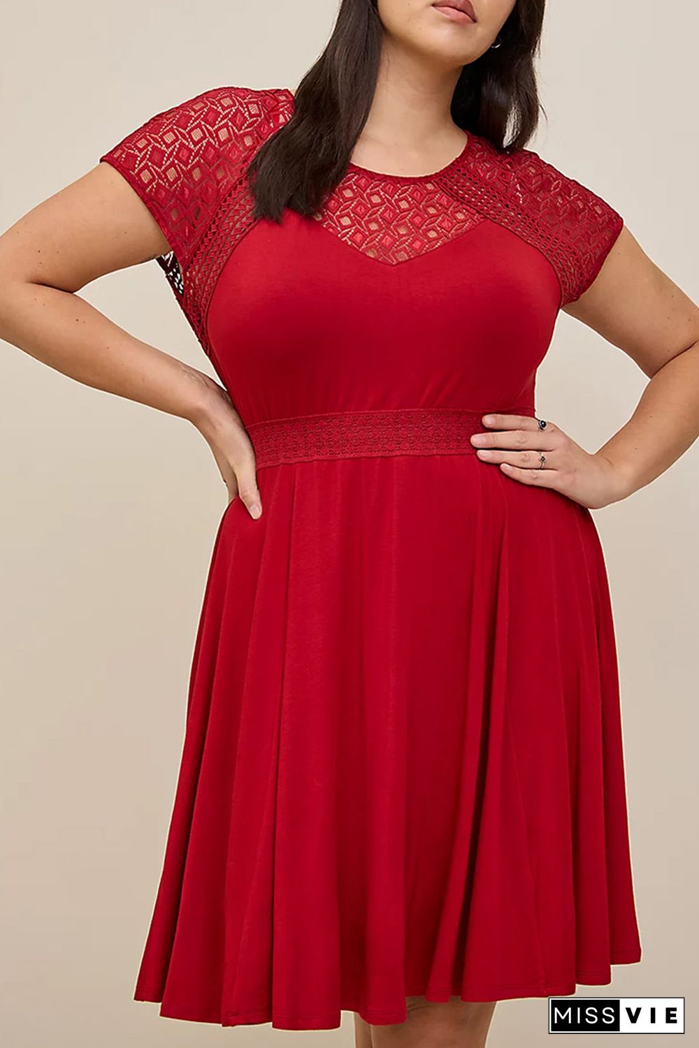 Red Plus Size Lace Yoke Splice Fit-and-flare Curvy Dress