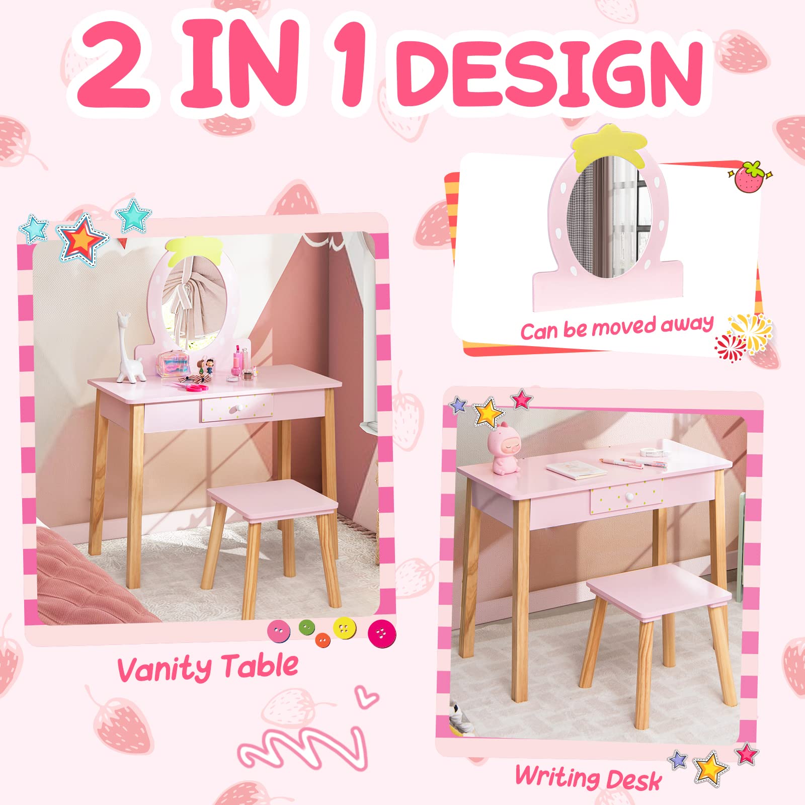 Costzon Kids Vanity Set with Mirror, Wooden Princess Makeup Dressing Table with Stool & Storage Drawer