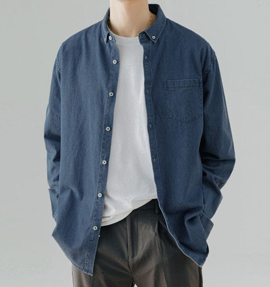 Men's Denim Long-sleeved Shirt Trendy Casual Solid Color Work Clothes Shirt Coat