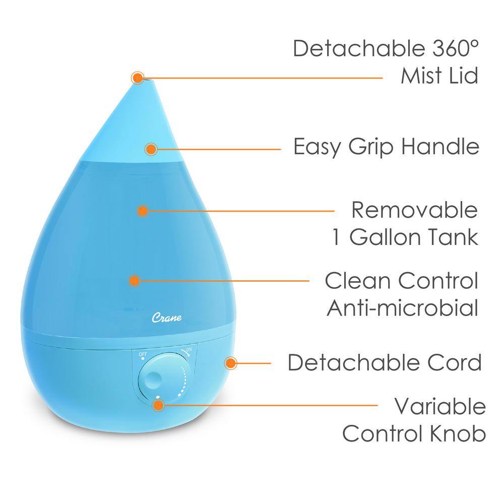 Crane 1 Gal. Drop Ultrasonic Cool Mist Humidifier for Medium to Large Rooms up to 500 sq. ft. - Aqua EE-5301B