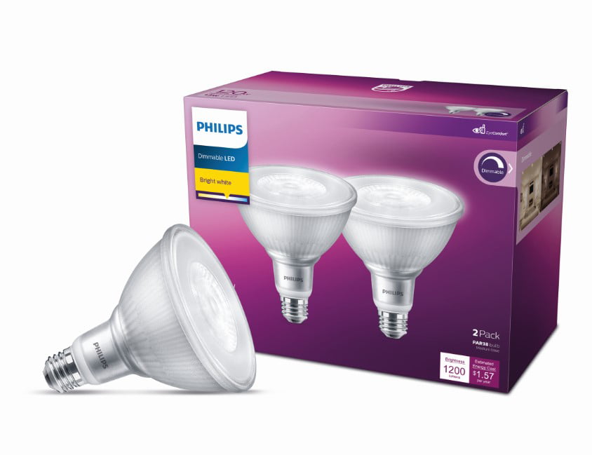 Philips LED 120-Watt PAR38 Indoor and Outdoor Floodlight Light Bulb， Bright White， Dimmable， 40-Degree Beam Spread， E26 Medium Base (2-Pack)