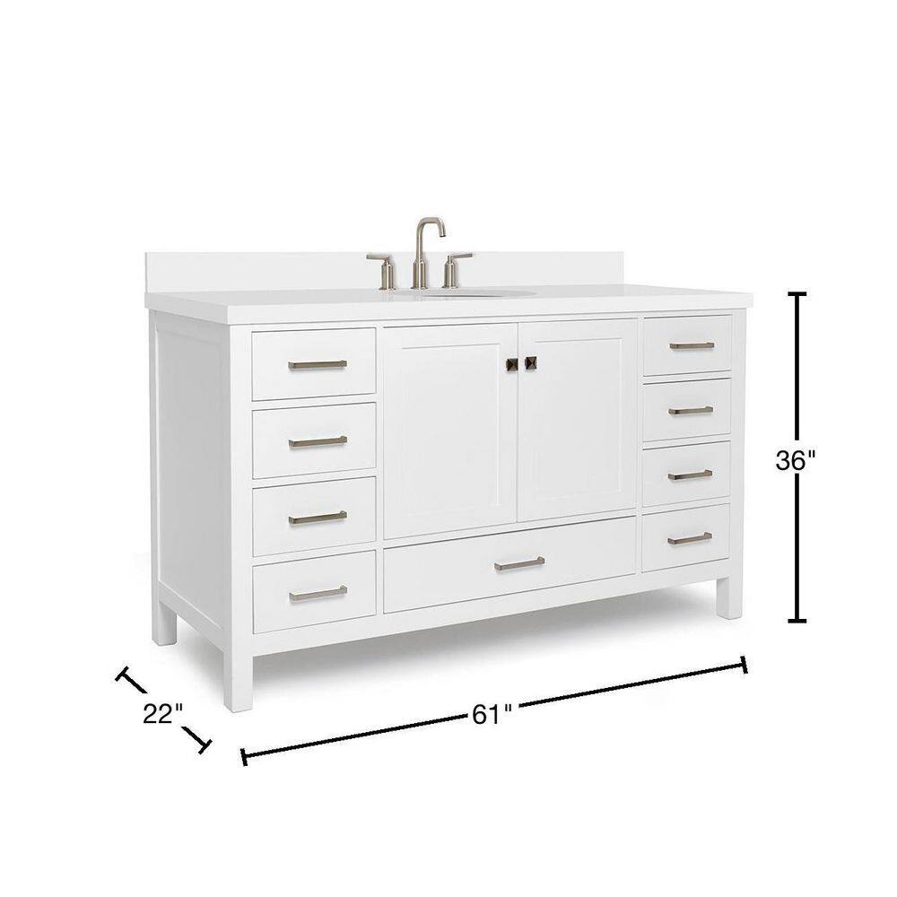 ARIEL Cambridge 61 in. W x 22 in. D x 35 in. H Vanity in White with Quartz Vanity Top in White with Basin A061SWQOVOWHT