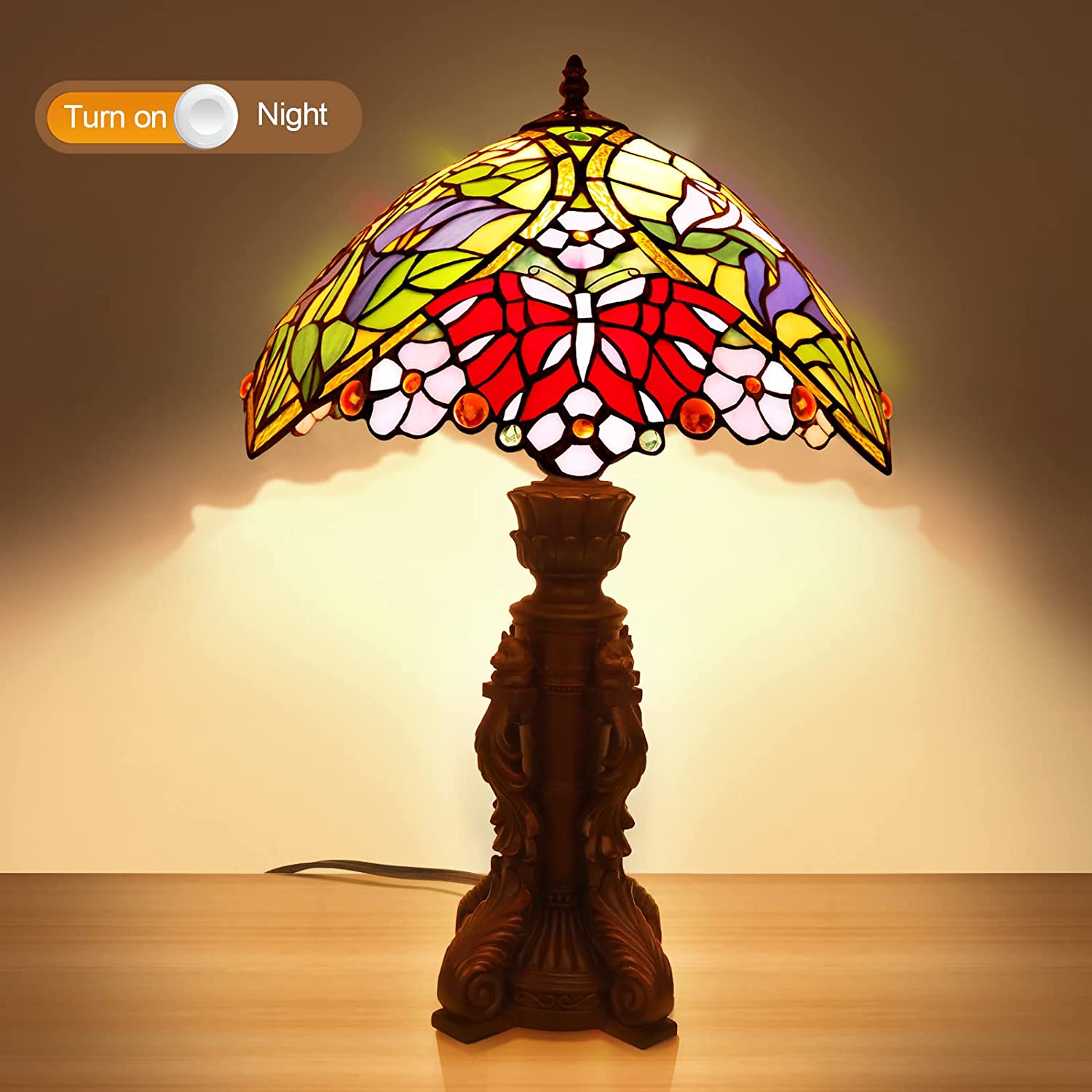 SHADY Tiffany Lamp Stained Glass Bedside Lamp for Bedroom 22\u2019\u2019 Tall Retro Desk Light Lamp LED Bulb(2700K  E26) Included Christmas