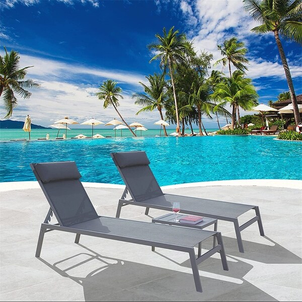 3-Piece Outdoor Chaise Lounge Adjustable Back with Table and Headrest - N/A - Overstock - 37952818