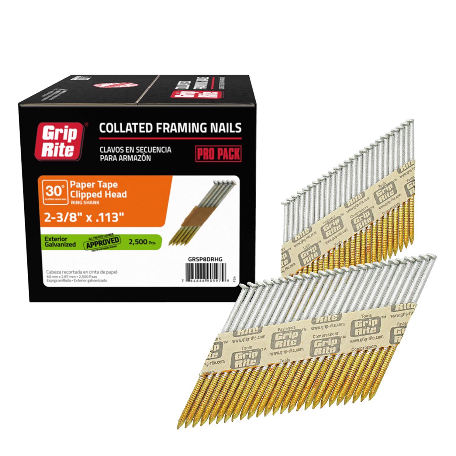 Grip-Rite 2-3/8 in. Angled Strip Hot-Dip Galvanized Framing Nails 33 deg 2500 pk