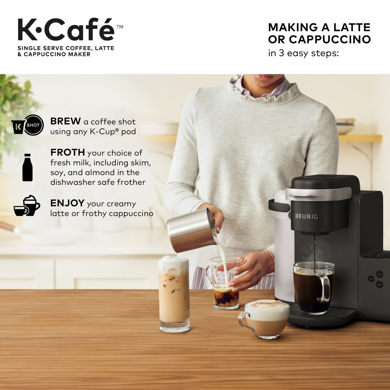 Keurig K-Cafe Single Serve K-Cup Coffee Maker， Latte Maker and Cappuccino Maker， Dark Charcoal