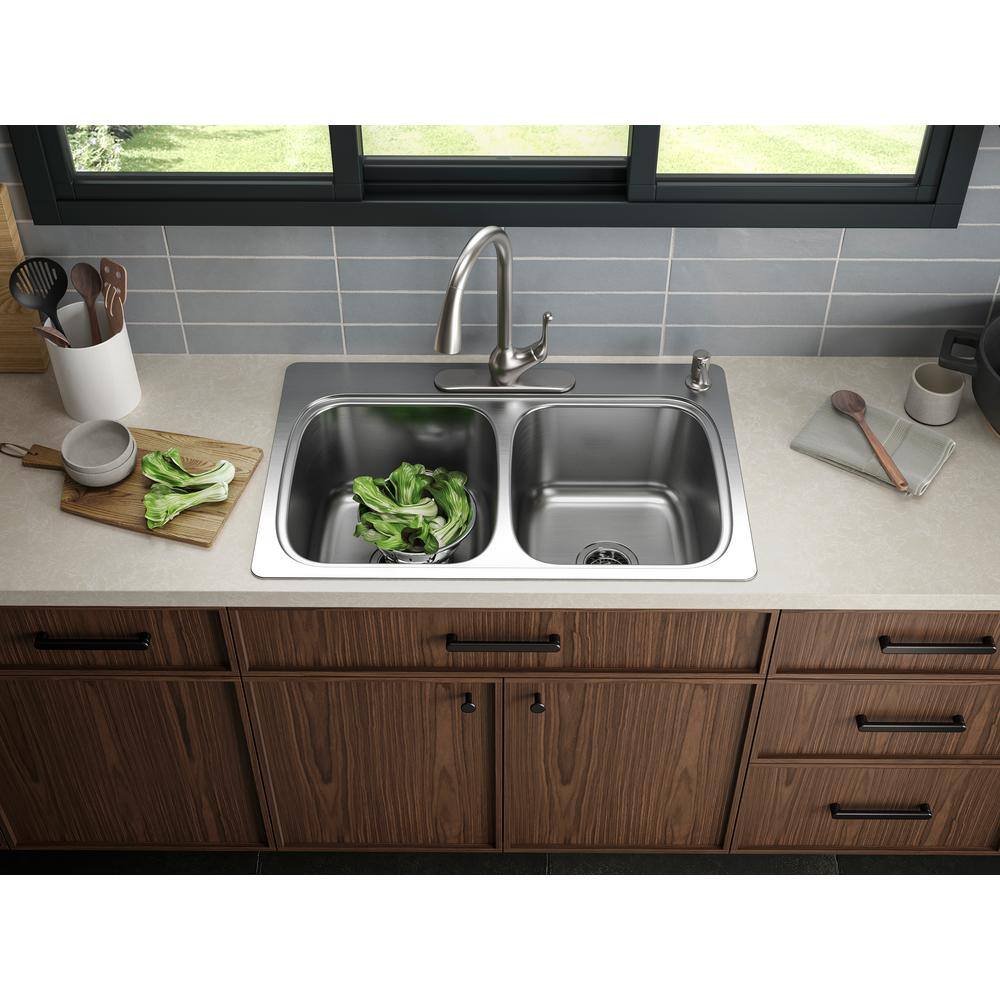 KOHLER Verse 33 in. Drop-in Double Bowl 20 Gauge Stainless Steel Kitchen Sink with 4-Holes K-RH5267-4-NA