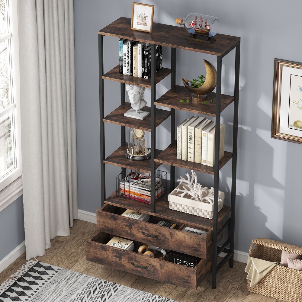 Tall Bookcase with Drawers  Industrial Bookshelves with Storage   31.49'' W x 11.81'' D x 66.92'' H