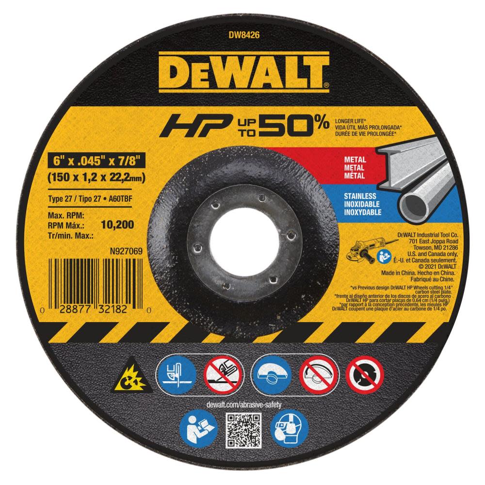 DEWALT Cutting Wheel 6 X .045 X 7/8 HP T27 DW8426 from DEWALT