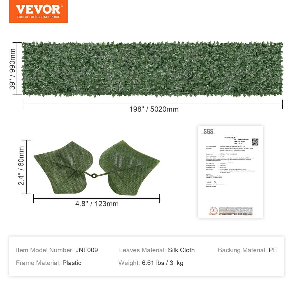 VEVOR Ivy Privacy Fence 39 in. x 198 in. Artificial Green Wall Screen Greenery Ivy Fence Faux Hedges Vine Leaf Decoration WLSR39X1981PCIS2AV0