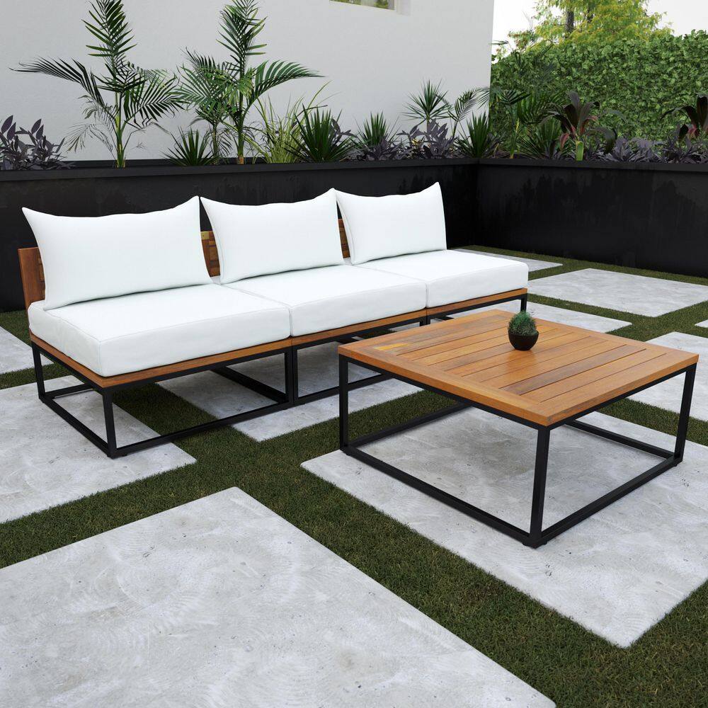 Southern Enterprises Taradale 4-Piece Wood Outdoor Couch in White with Cushions and Coffee Table HD387659