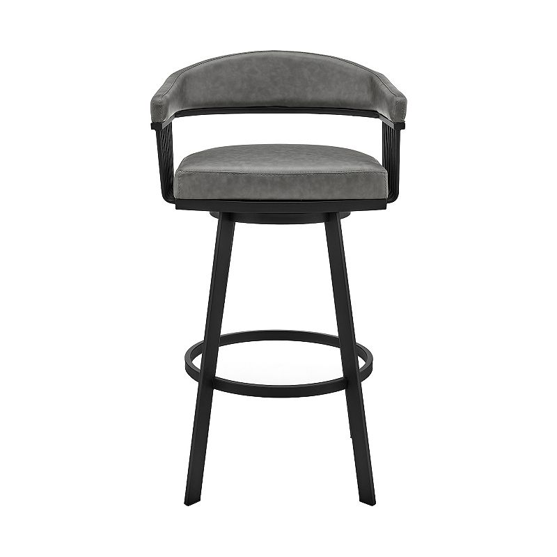 Swivel Barstool with Open Metal Frame and Slatted Arms， Gray and Black