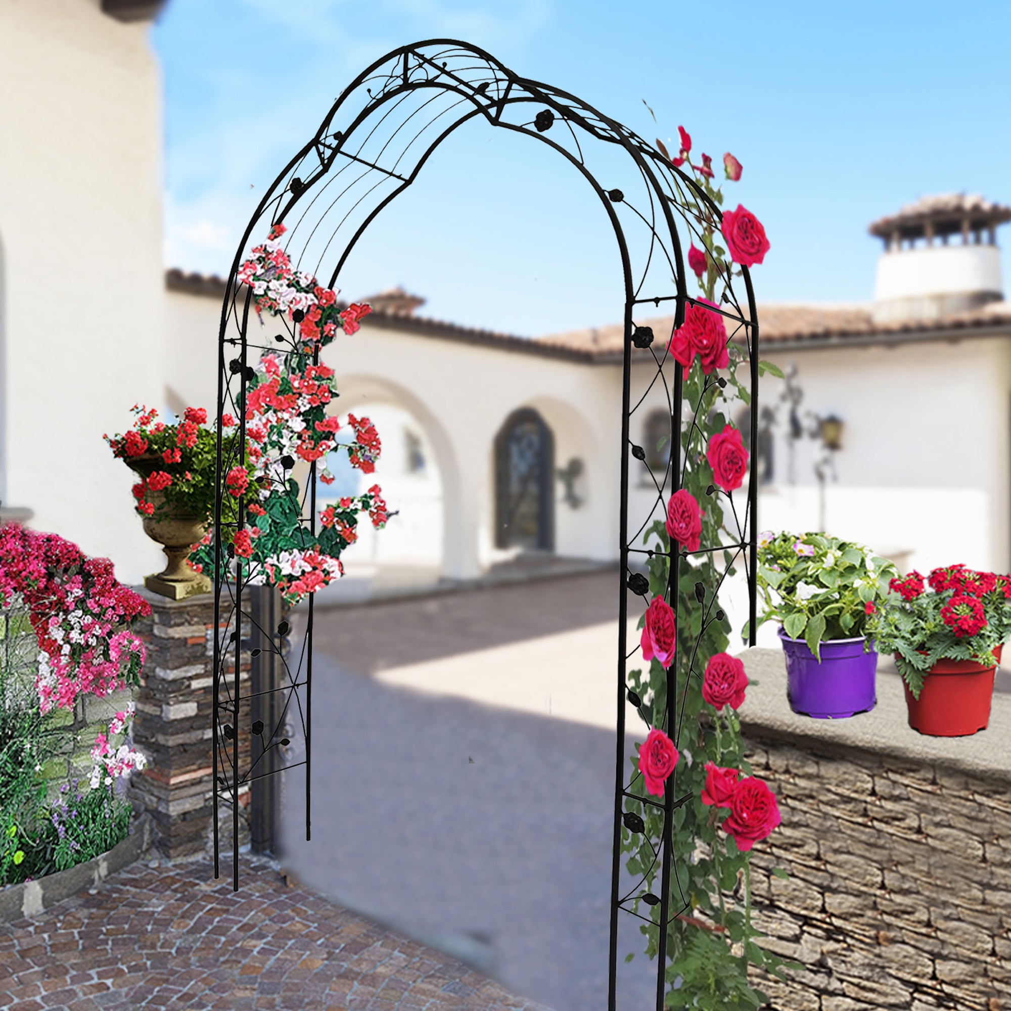 Garden Arch Trellis with Ground Stakes, Metal Archway for Climbing Plants, Black Yard Lawn Arbors and Trellises, 59