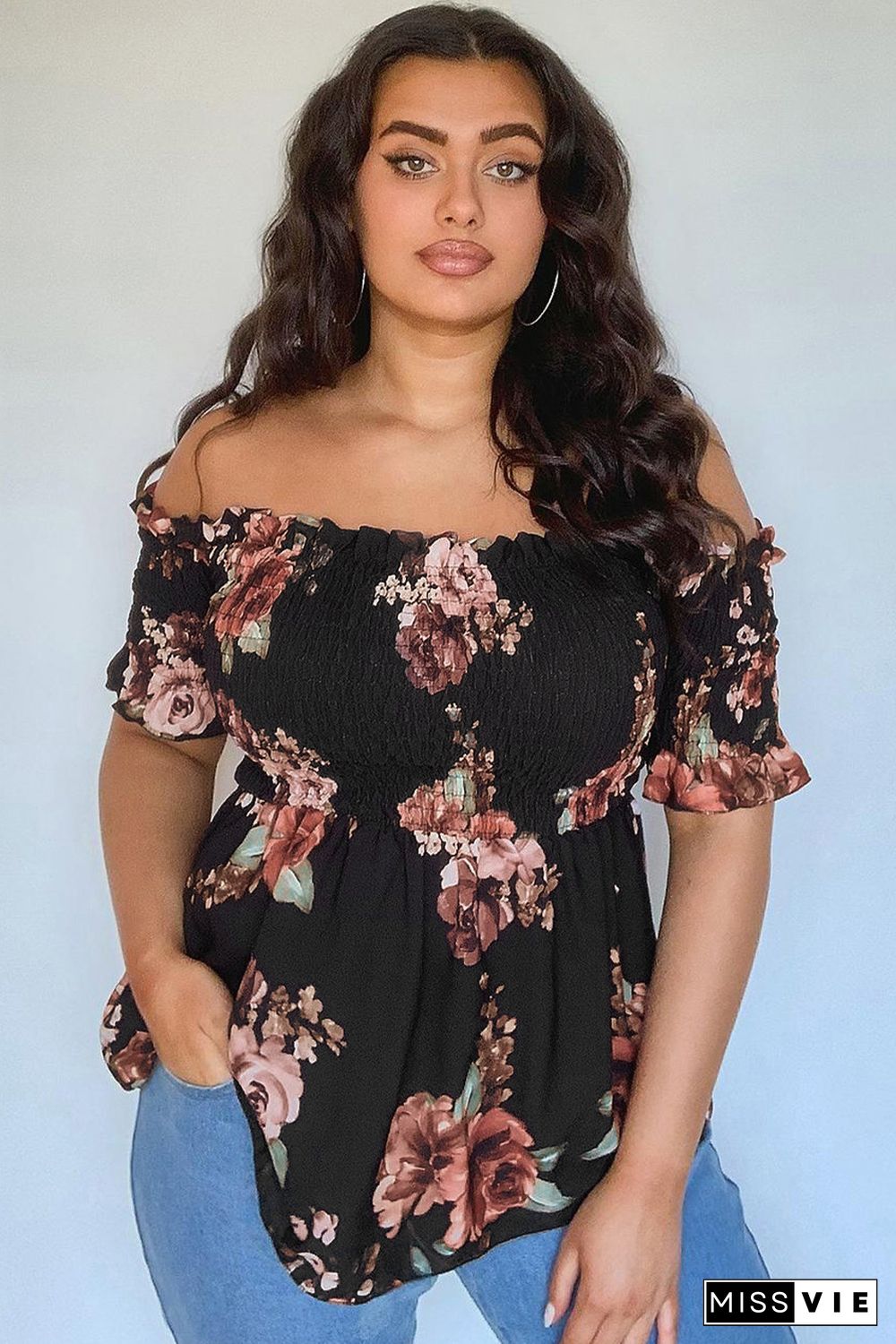 Black Floral Smocked Off Shoulder Plus Size Blouse