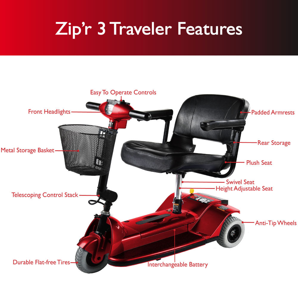 Zipr Traveler 3 Wheel Long Range Mobility Scooter - Folding Motorized Wheelchair - Mobility Scooters for Seniors, Travel, Adults, Elderly - Mobility Scooters - Charger and Metal Basket Included -