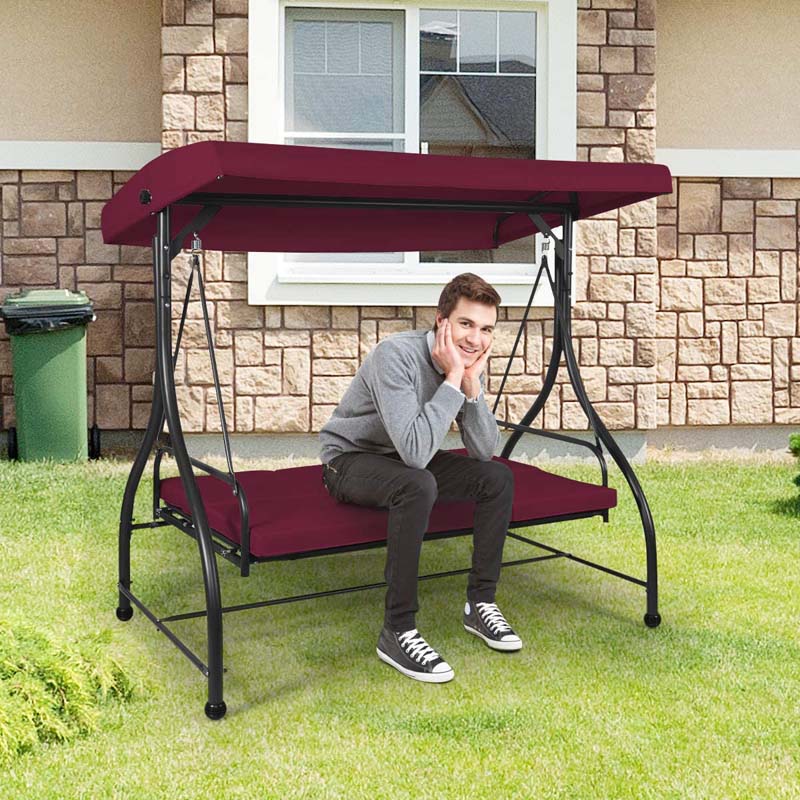 3-Seater Cushioned Metal Porch Swing with Adjustable Tilt Canopy, 2-in-1 Convertible Outdoor Patio Swing Chair Glider