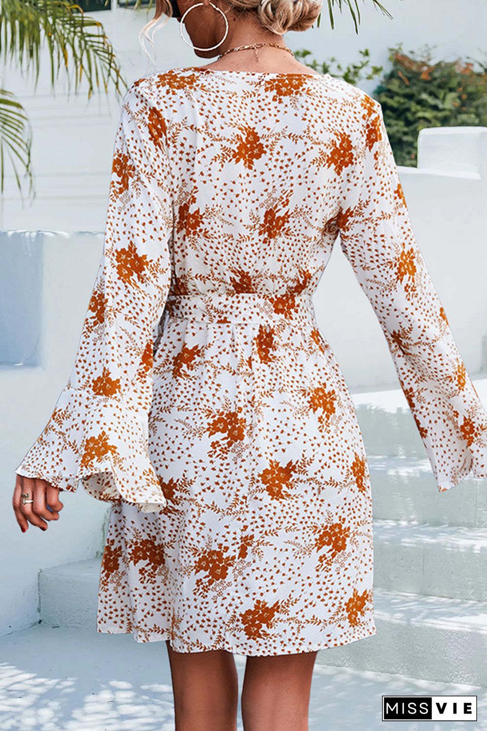 V Neck Wrap Flare Sleeves Floral Print Dress