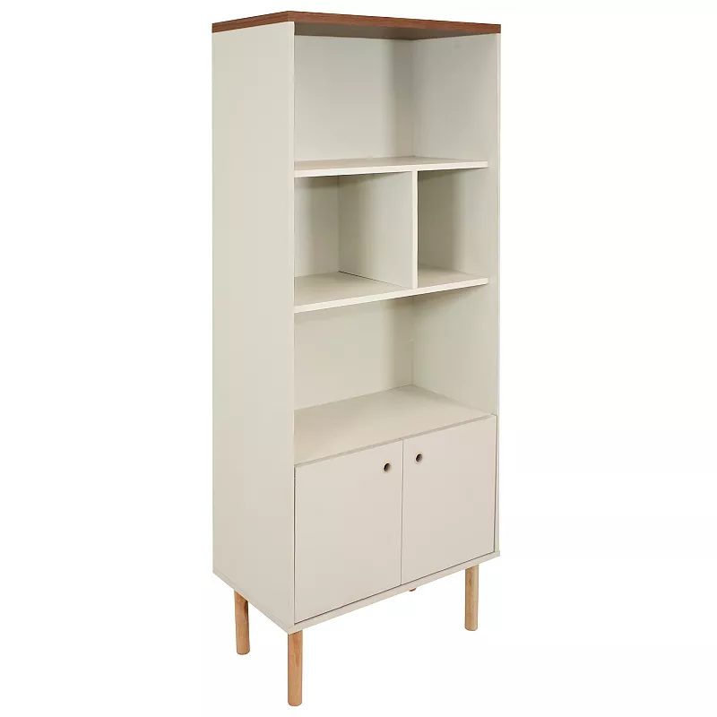 Sunnydaze Mid-Century Modern 5-Shelf Bookshelf with Storage Cabinet - Latte