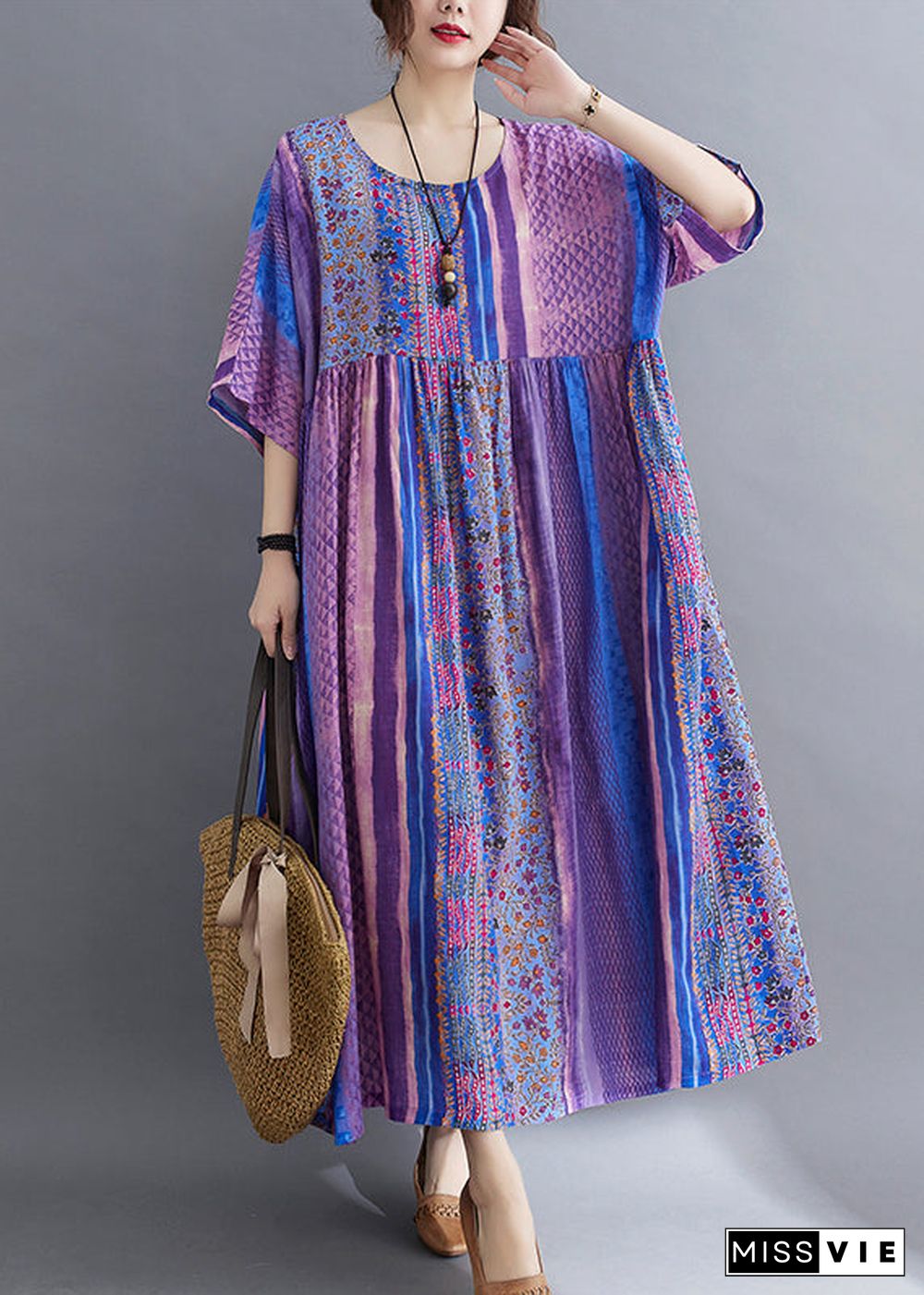 Simple Purple Wrinkled Patchwork Pockets Print Cotton Long Dress Half Sleeve