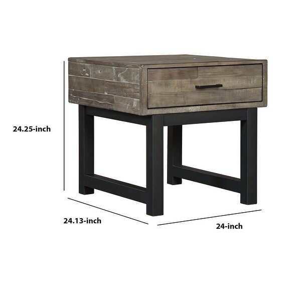 Square Butcher Block Wooden End Table with 1 Drawer， Brown and Black